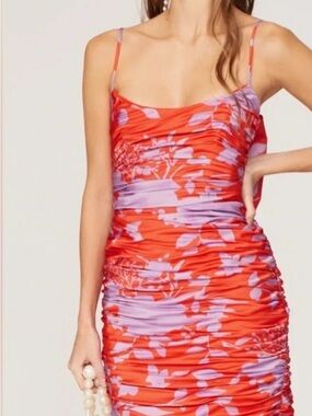 Red/Orange & Lilac Floral Ruched Dress